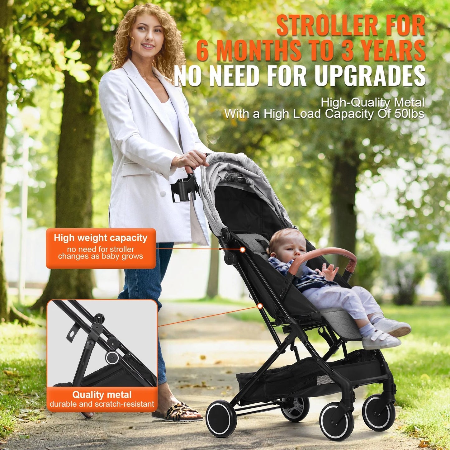 VEVOR Standard Baby Infant Stroller, Toddler Stroller with 95¡Ã-150¡Ã Adjustable Backrest & & 0/90¡Ãadjustable Footrest & One-Click Folding, Newborn Stroller with Cup Holder and Carry Bag, Light Grey