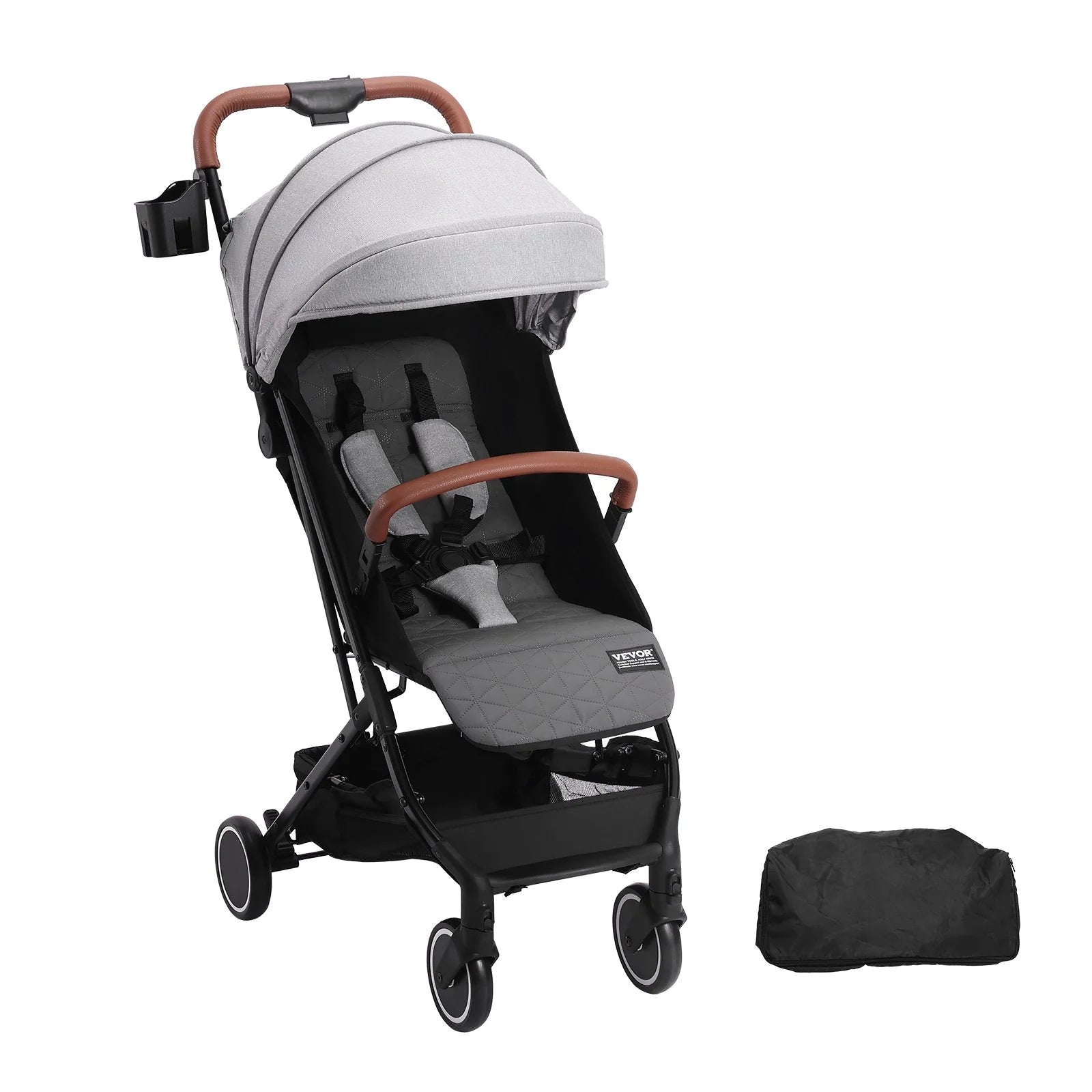 VEVOR Standard Baby Infant Stroller, Toddler Stroller with 95¡Ã-150¡Ã Adjustable Backrest & & 0/90¡Ãadjustable Footrest & One-Click Folding, Newborn Stroller with Cup Holder and Carry Bag, Light Grey