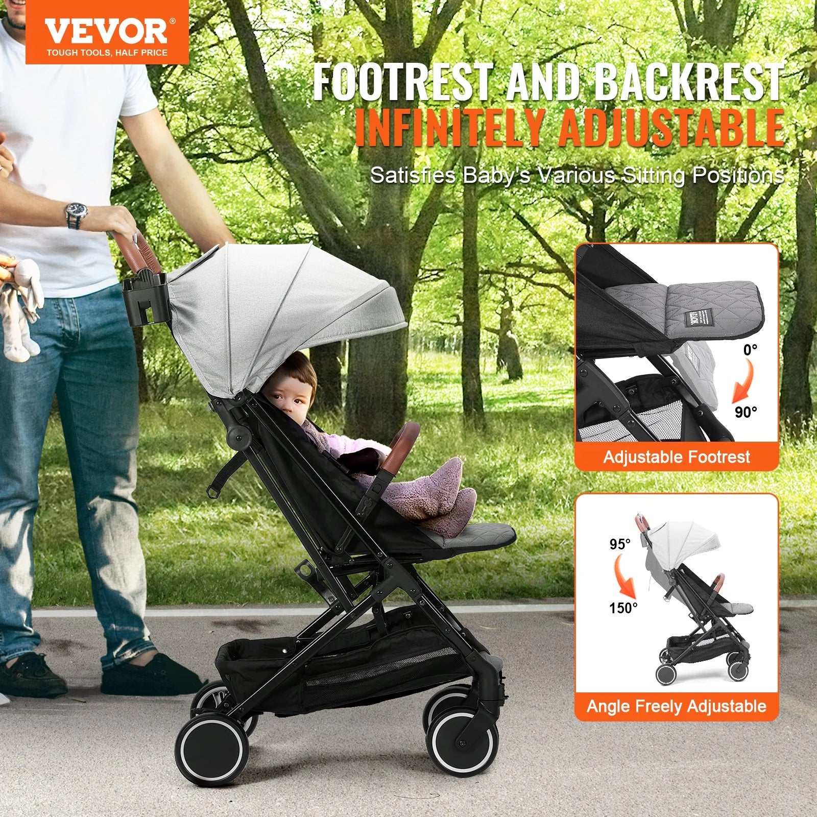 VEVOR Standard Baby Infant Stroller, Toddler Stroller with 95¡Ã-150¡Ã Adjustable Backrest & & 0/90¡Ãadjustable Footrest & One-Click Folding, Newborn Stroller with Cup Holder and Carry Bag, Light Grey