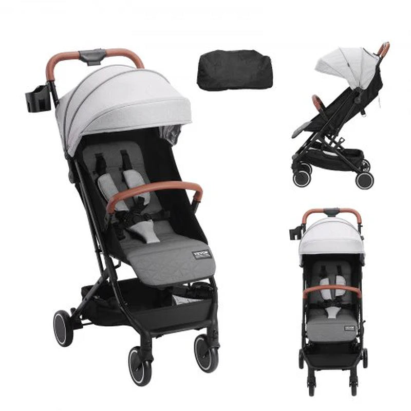 VEVOR Standard Baby Infant Stroller, Toddler Stroller with 95¡Ã-150¡Ã Adjustable Backrest & & 0/90¡Ãadjustable Footrest & One-Click Folding, Newborn Stroller with Cup Holder and Carry Bag, Light Grey